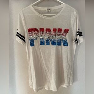 PINK Victoria's Secret White Tee with Red and Blue Sequins